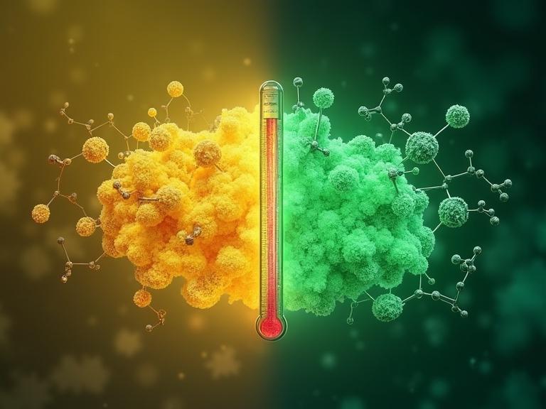 Illustration of organic molecule DTBTE in two states. One side is disordered and yellow, the other side shows crystalline green. Thermometer indicates 80 °C for conversion. Fluorescent effects show yellow in amorphous state and green in crystalline. Overlay features thiophene groups for isomerization. Subtle hydrogen bonds in crystalline. Background has soft texture for amorphous and sharp for crystalline. Layout is scientific and vibrant, suitable for chemistry journal.