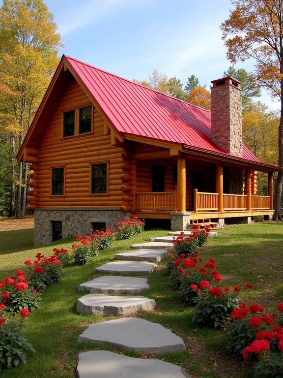 A charming log cabin with a red metal roof. The cabin has cylindrical honey-brown logs with chinking. It features a stone chimney, several windows, and a covered porch with log posts. The cabin is in a forest with autumn-colored trees and blooming red flowers in front. A stone pathway leads to the cabin.