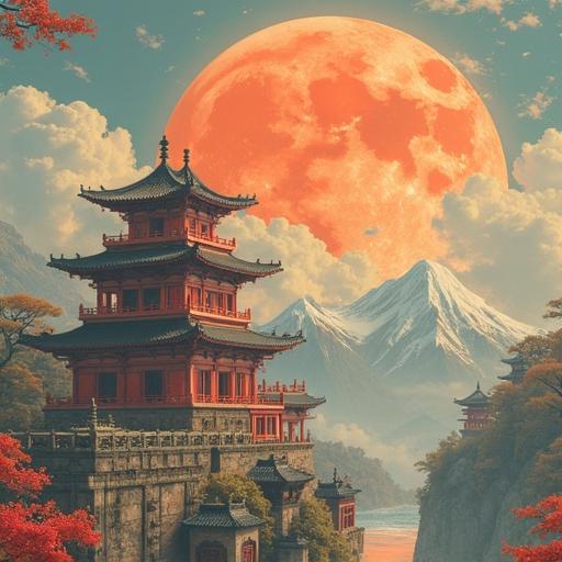 A serene landscape featuring a traditional pagoda with a large moon rising behind mountains in the background. Warm colors dominate the scene with lush trees framing the structure.