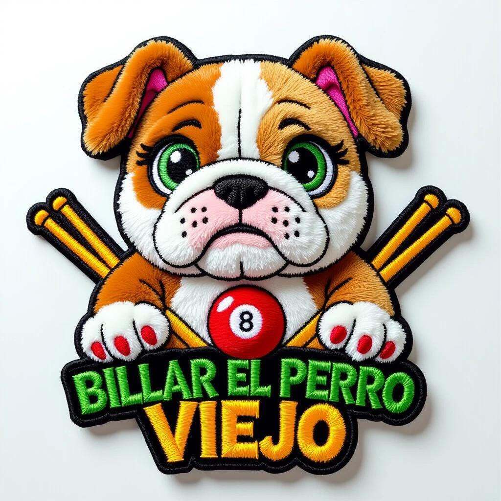 A 3D-style embroidered patch design of a tough but cute bulldog. Bulldog has large stitched eyes and a plush snout with floppy ears. Text on the patch reads 'Billar El Perro Viejo' in green and yellow. Red billiard ball included along with soft plush claws. Two crossed pool cues featured. Background is black or neutral to highlight the embroidery details.