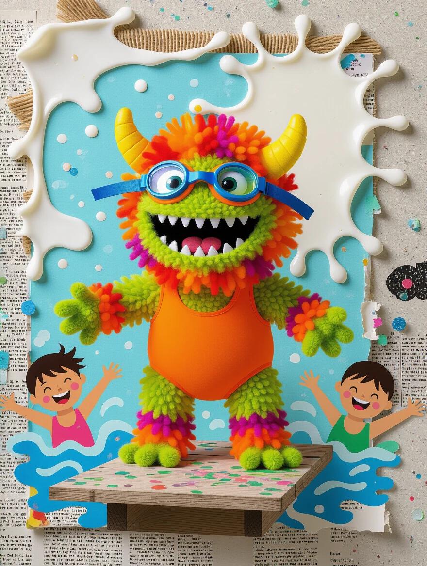 3D monster made of vibrant yarn pom poms. Joyful expression. Bright orange swimsuit. Colorful swim goggles. Standing on diving board. Surrounded by splashing kids and inflatables. Vibrant style scene. Detailed textures and dynamic lighting. Inspired by Glen Keane and Chris Sanders.