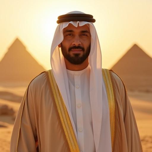 Portrait of a wealthy Arab Sheikh in luxurious attire. Background of pyramids in warm golden sunlight. Desert setting near Giza, high definition quality.
