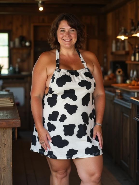A full-body photo of a mature plus-size woman about 53 years old in a cozy farmhouse kitchen. She's wearing a cow-patterned apron. She has a healthy tan and slight wrinkles. Her hairstyle is short and wavy with a possible scarf. She stands confidently with a warm smile. The background is rustic with no other people present.