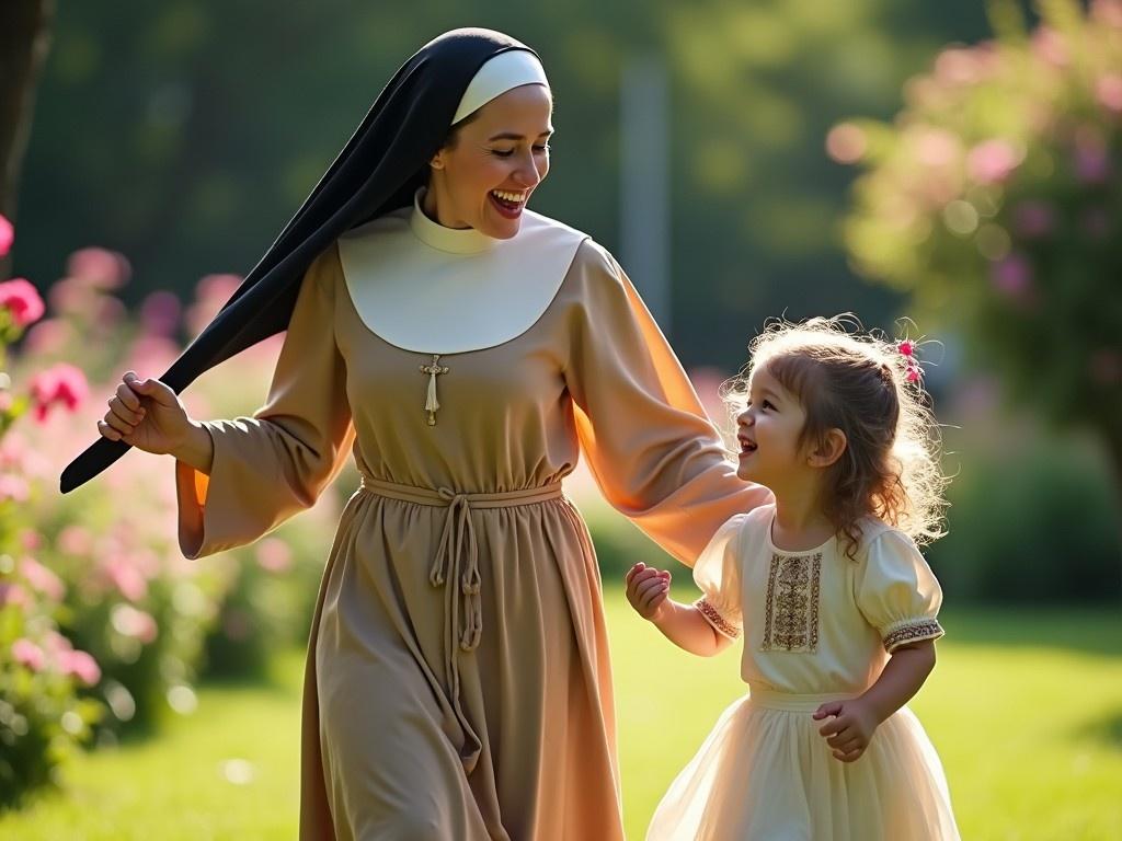 A nun and a young girl are joyfully dancing in a lush garden. The nun, dressed in a traditional habit, exudes happiness as she leads the child along. The little girl, in a beautiful dress, looks up at the nun with delight. Surrounding them are blooming flowers, adding color to the scene. The sunlight casts a warm glow, creating a cheerful atmosphere that captures the essence of their bond. This moment showcases innocence and joy.