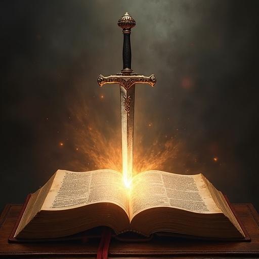 A sword emerges from an open Bible. The sword is placed vertically. The Bible pages are illuminated. Sparks surround the sword. The image captures a mystical atmosphere.