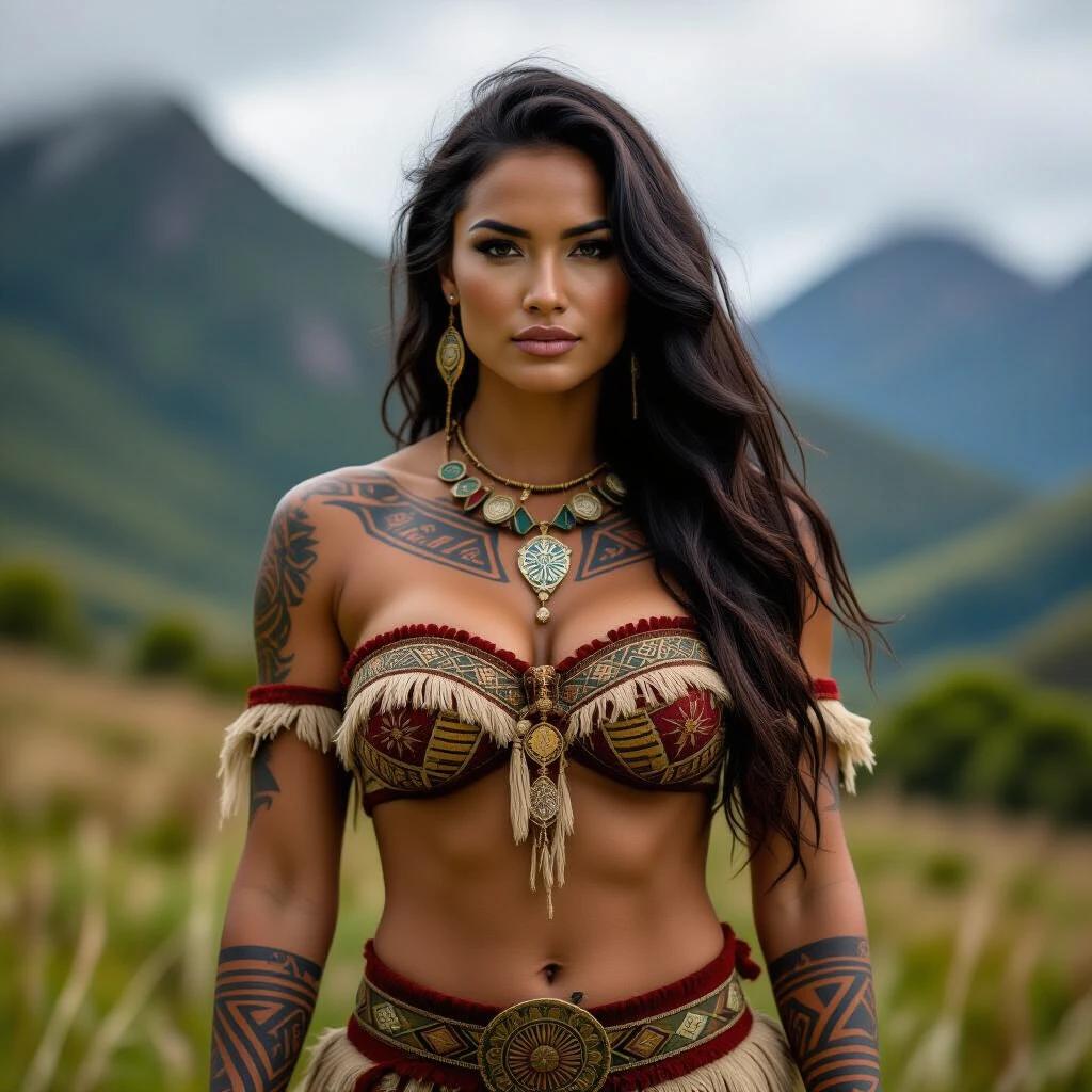 Woman, Maori warrior, sensual and imposing. Full body shot. Scenic background.