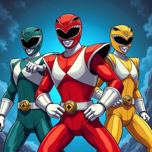 Illustration features three Power Rangers. Characters include green red and yellow. Heroes wear iconic costumes. Background is blue with clouds.