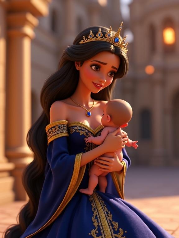 A regal woman with dark hair styled in waves. She wears a royal blue and gold gown made of velvet and silk with gold embroidery. A sapphire teardrop necklace is visible. She kneels holding her rescued baby. The background features a glowing castle courtyard illuminated by warm golden lighting, creating an enchanting atmosphere.