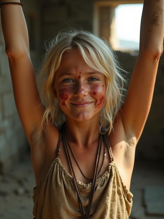 Close-up image of a young tribal girl with blonde hair. She has bruises and dirt on her face. Skin appears shiny and sweaty. Arms are raised and she is yawning. Background features a ruined temple with ancient stone walls and a broken window letting in light. Girl is smiling proudly, showcasing her survival.