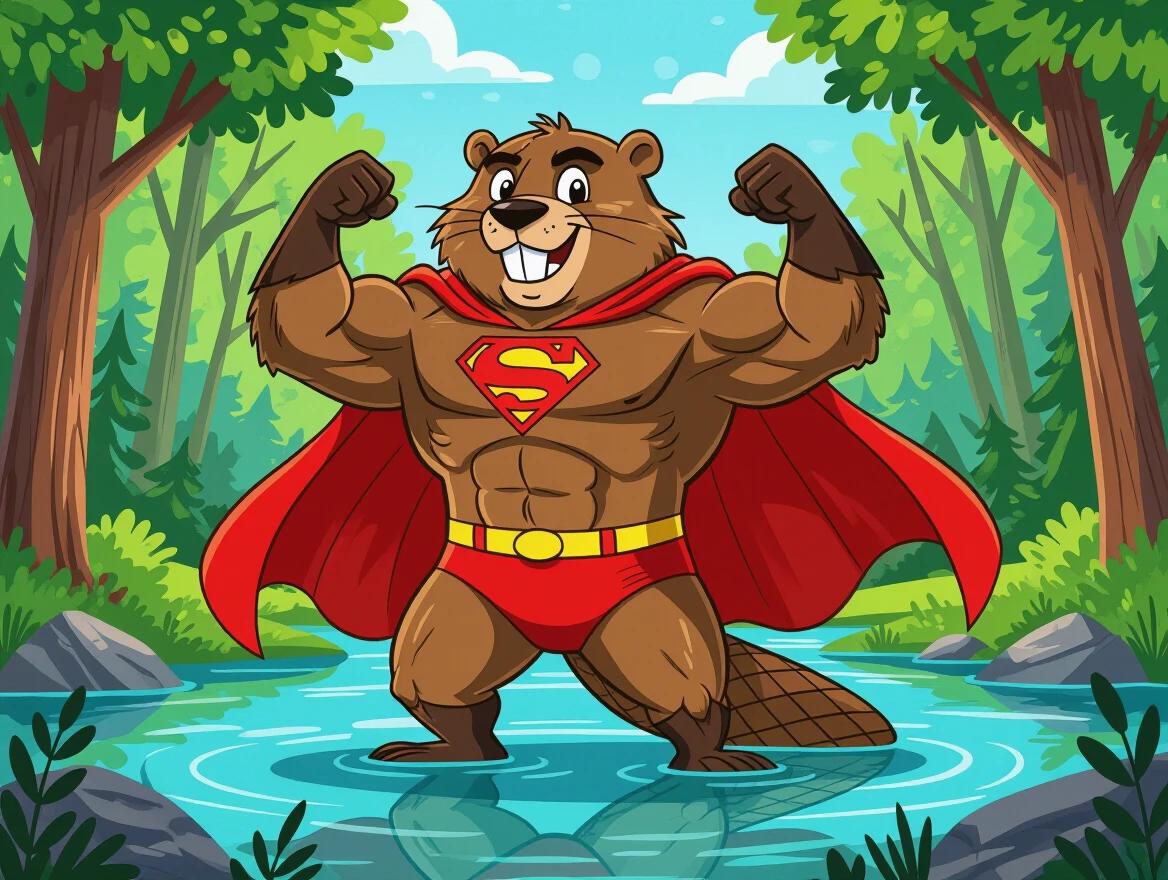 A giant anthropomorphic superhero beaver stands proudly at the river in the forest. The beaver wears a red cape and superhero underpants. The character is flexing muscles in a comic style. The scene is bright and colorful with trees and water around the beaver.