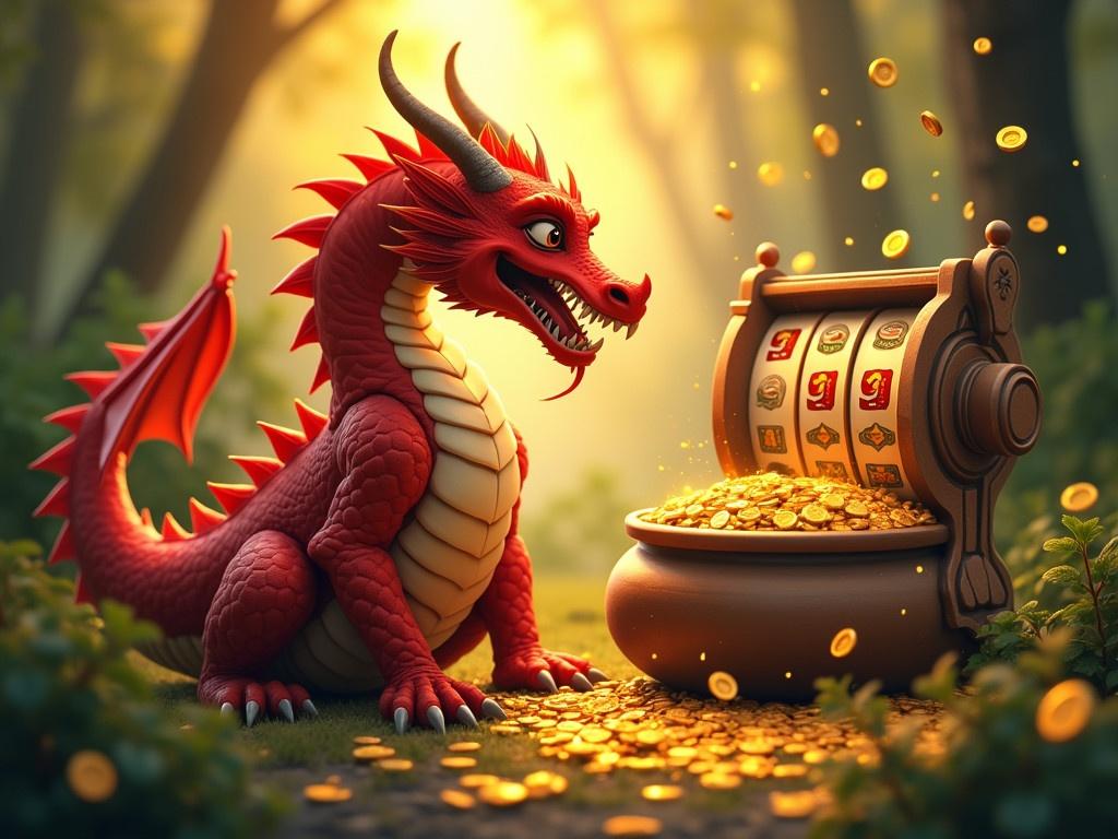 Enhance the overall vibrancy of the image by intensifying the colors, particularly the reds of the dragon and the greens of the foliage. Brighten the background to give a warm, inviting glow as if illuminated by golden sunlight. Add a soft shimmer effect to the coins and gold in the pot to make them sparkle more noticeably. Adjust the lighting to create a magical, mystical atmosphere, particularly around the slot machine, emphasizing its allure. Introduce a slight blur around the edges to draw focus to the center of the image, where the dragon and the character are.