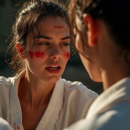 Dramatic close-up captures female karate fighter during kick. Action shot illustrates dynamic movement while using natural lighting. The moment conveys intensity in martial arts.