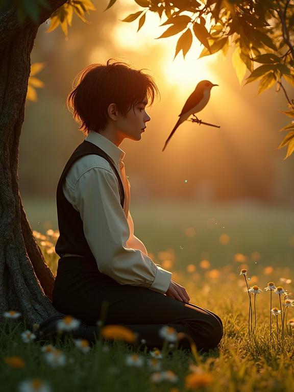 Hyper-detailed cinematic 3D composition features a melancholic sunset garden. A slender young man kneels weeping on damp grass, illuminated by golden hour light. A delicate Nightingale observes from an oak branch. Bioluminescent fireflies and floating pollen enhance the scene. Gothic proportions and PBR textures used. Volumetric golden light shafts pierce through dark foliage.