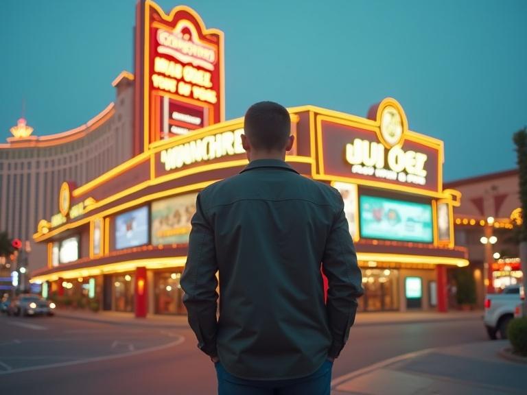 A man stands facing a brightly lit hotel in Las Vegas at night.