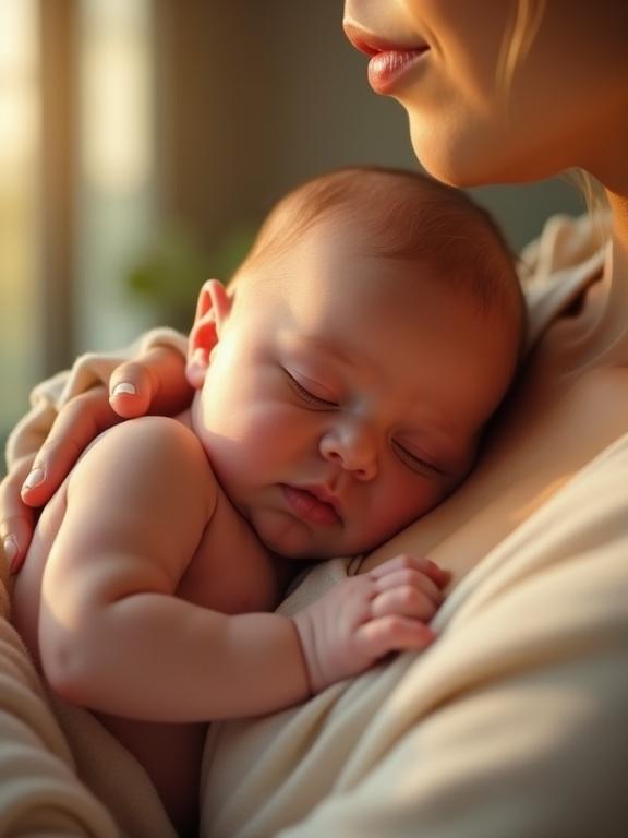 A newborn baby peacefully sleeping in a mother's arms. The baby nestles against her chest. The mother holds the baby with love and care. Warm and softly lit environment. Natural light from nearby window creates a golden glow. Ultra-realistic and emotionally touching.