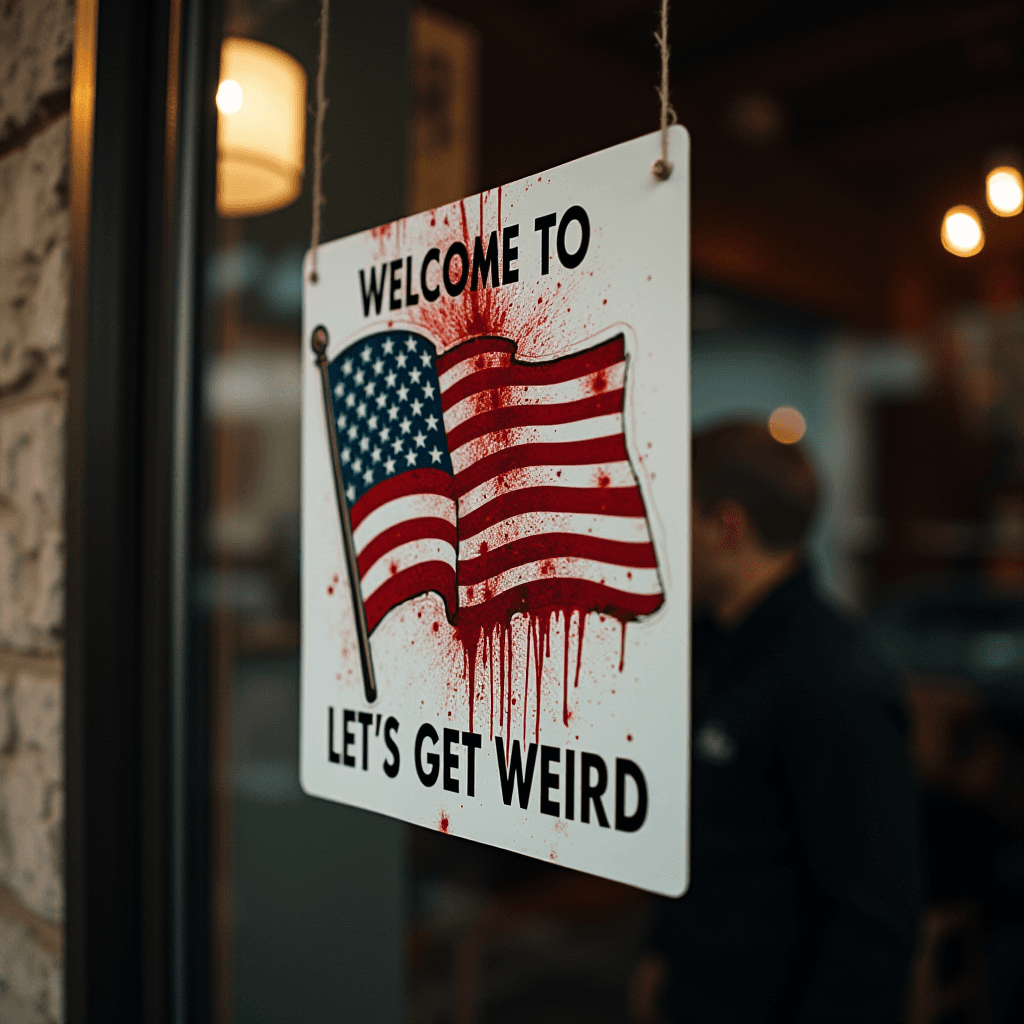 A sign with the U.S. flag and the phrase 'Let's Get Weird' featuring a bleeding design element.