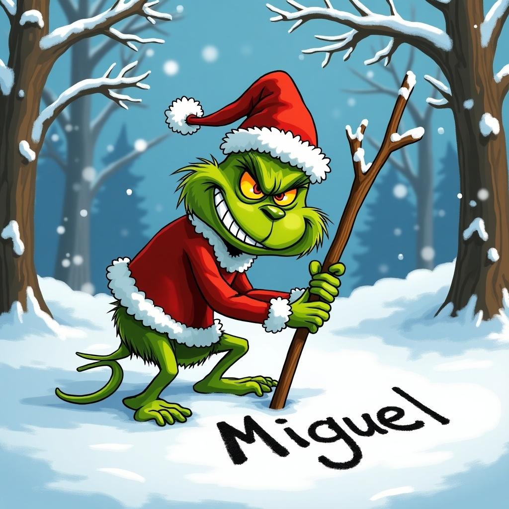 Character appears mischievous and festive. Scenic background includes snow-covered trees. Grinch wears Santa hat and holds stick while writing 'Miguel' in the snow.