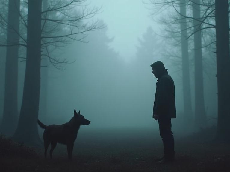 Foggy forest clearing. A man stares at his dog. The dog's appearance is unsettling and different. Cold and silent atmosphere. Horror tone with realism.