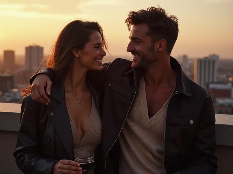 Rooftop bar at twilight. Models leaning together against a low wall. Sharing leather-wrapped cocktail. Male laughs while female brushes his shoulder. Male's jacket unzipped revealing V-neck knit. Female collar popped showcasing cut.