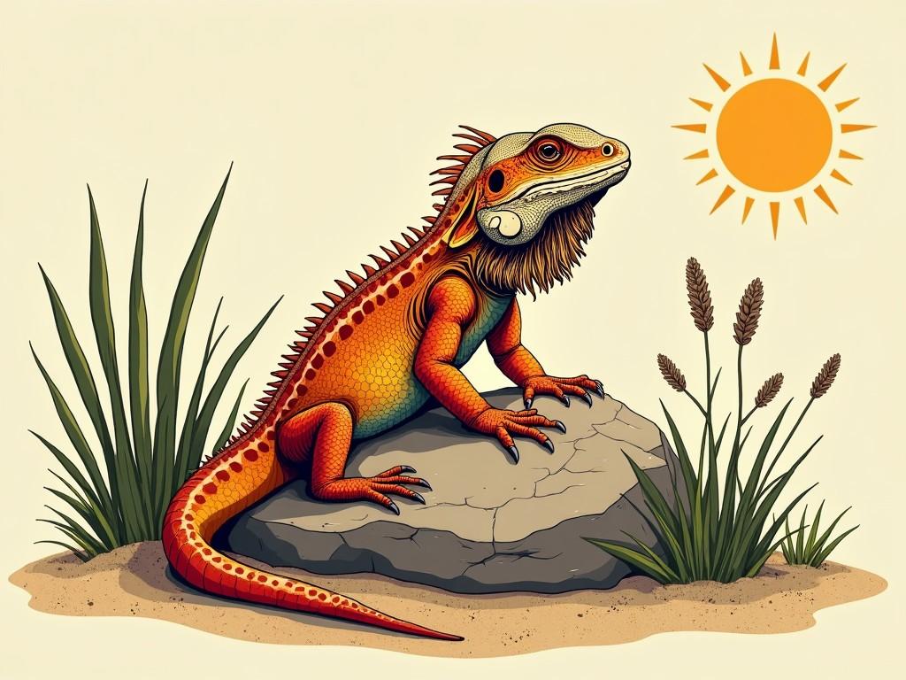 A vibrant illustration of a colorful lizard basking on a rock under a bright sun, surrounded by desert plants