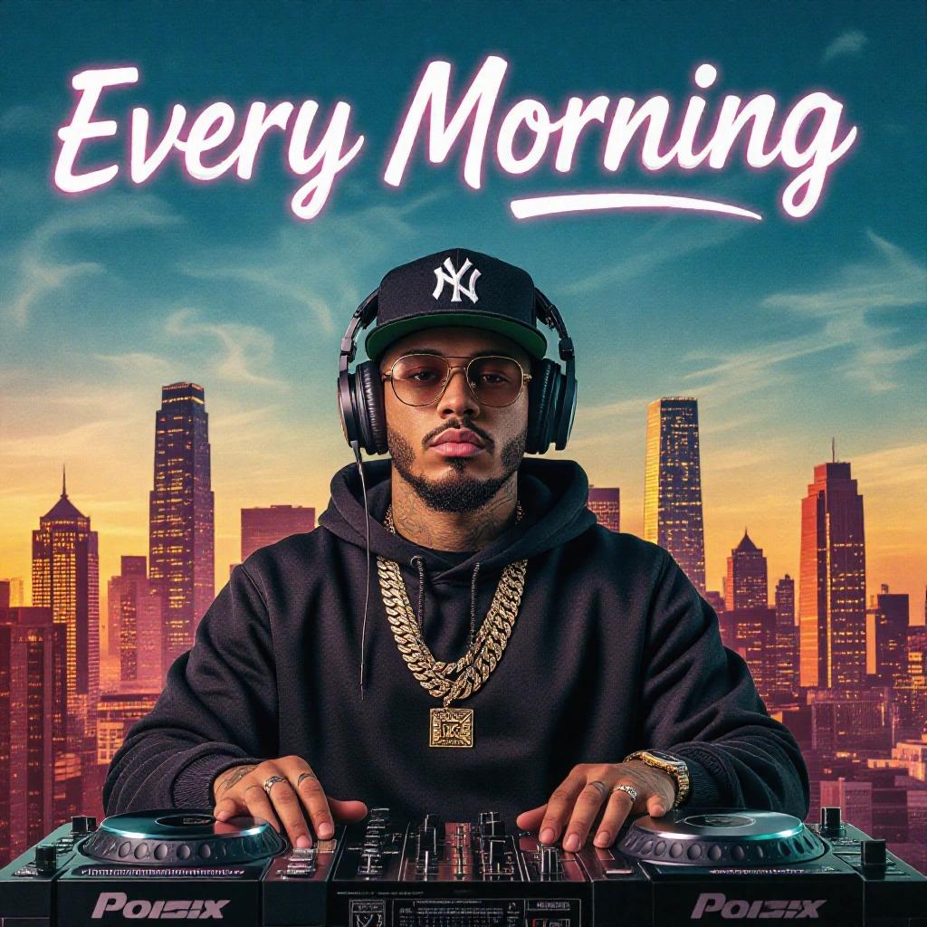 A hip hop album cover featuring text in cool writing. Text reads 'Every Morning' and includes the name 'DJ Diptronixx' prominently. The background shows a city skyline at sunset with vibrant colors. A DJ with headphones and a stylish outfit is at a DJ booth with equipment.