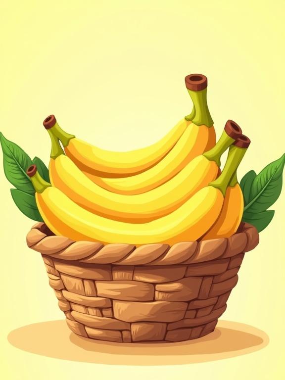Generate a vibrant cartoon illustration of a woven straw basket filled with bright yellow bananas. The basket has a rustic look. The bananas are fresh and glossy. Green leaves peek out from the sides. The background is a subtle pastel color. Use a warm color palette and soft shading for a cheerful style.