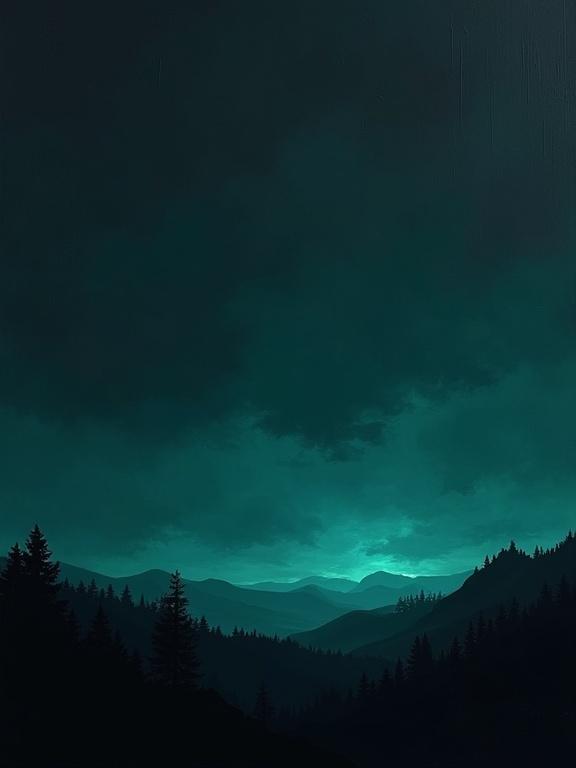 Digital oil painting with harsh paint strokes. Background is black. Contains absurdist and unfinished elements. Features flat colors and unique silhouette design. Minimalist style. Dominated by dark teal color theme. Mature depiction of formless landscape in a void setting.