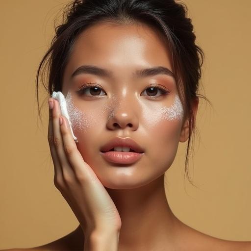 Woman applying facial cleanser on her face. Oil painting style. Warm color palette. Close-up portrait.