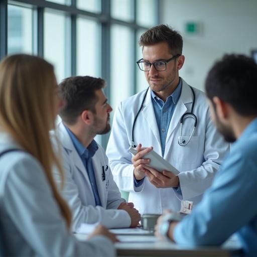Meeting among pharmaceutical product manager and sales team in a professional setting with discussions focused on strategies and products. Doctors and staff collaborating on business topics, showcasing teamwork and communication.