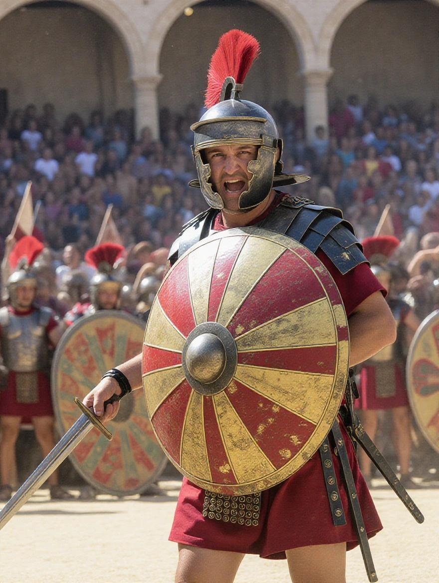 First-person view holding a worn Roman shield and gleaming gladius. Cheerful crowd in background. Sand particles float in air. Sweat beads on forehead. Ancient helmet partially visible.