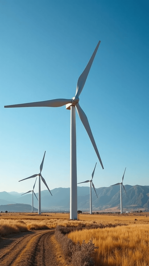 The image shows three large wind turbines standing in a golden field with mountains in the background under a clear blue sky.