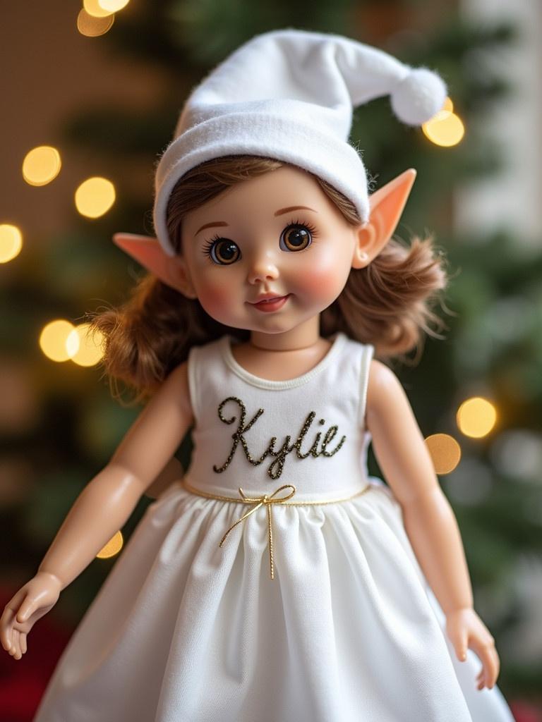 A festive elf doll is dressed in a white dress featuring the name 'Kylie' in sparkling letters. The doll has brown eyes and wears a matching white hat. The background is decorated with soft holiday lights that create a warm atmosphere.