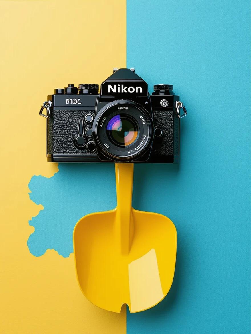 Minimalistic graphic design poster features an old Nikon camera and a pool scoop. No text. Interesting abstract design. Blue and yellow colors create a striking visual. The photo has a textured appearance. A silhouette effect is present in the composition.