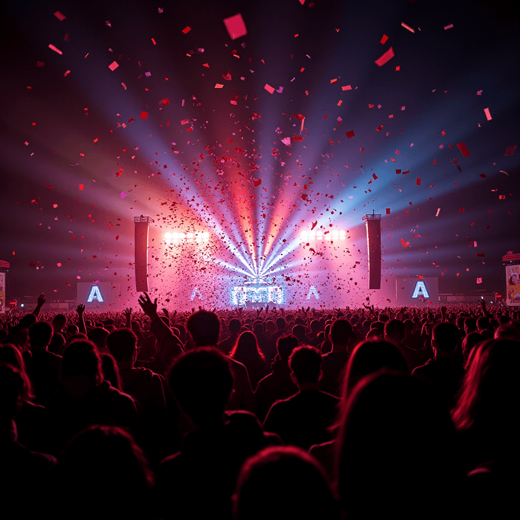 A vibrant concert scene filled with cheering crowds and dynamic light displays as confetti rains down.