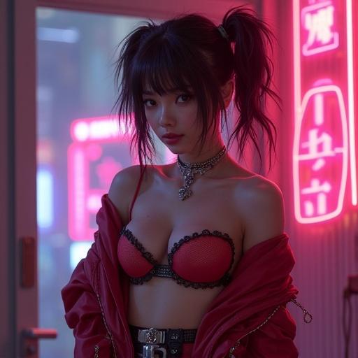 Stylish anime girl in a cyberpunk setting. She wears a striking outfit featuring a red fishnet top. Neon lights illuminate the scene. The background highlights a modern city vibe. Character displays confident pose with accessories. Scene combines retro and futuristic elements.