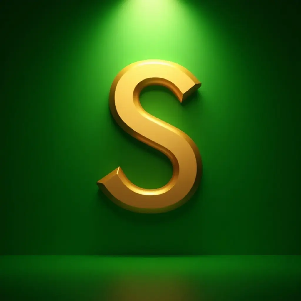 This image features a striking golden letter 'S' set against a vibrant green backdrop. The letter is illuminated by a directed spotlight, creating a three-dimensional effect. The gold color gives a sense of richness and luxury, while the green background adds energy and freshness. Ideal for branding, this aesthetic emphasizes clarity and visibility. The design focuses solely on the letter, making it a compelling visual for various applications.