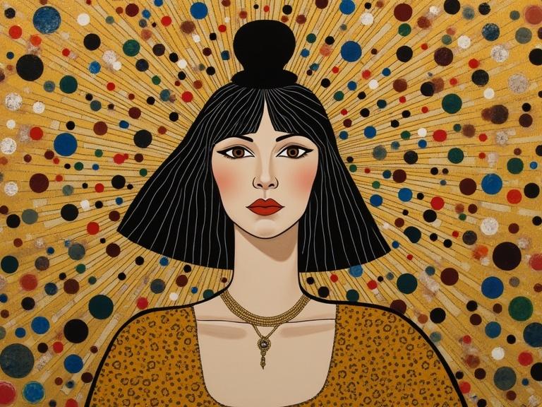 Art piece inspired by Klimt. Features a female figure with an elaborate background. Colorful dots and radiant lines surround the subject. The style is modern with influences from classical art.