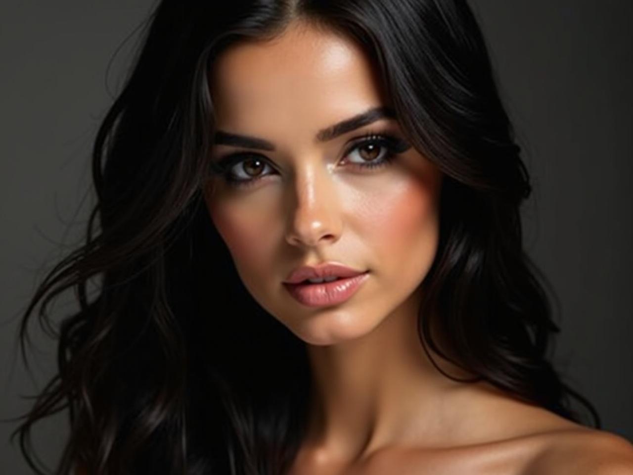 This image features a portrait of a young, beautiful woman with long, dark hair and expressive dark eyes. She is positioned close to the camera, gazing slightly toward the front with a neutral expression that carries an air of confidence. Her makeup is flawlessly applied, showcasing glossy lips that enhance her features. The lighting is soft and diffused, creating a warm, inviting glow on her silky skin. The background is a subtle gray or dark tone that helps her face stand out. The overall quality of the photograph is high, capturing a realistic and photorealistic style.