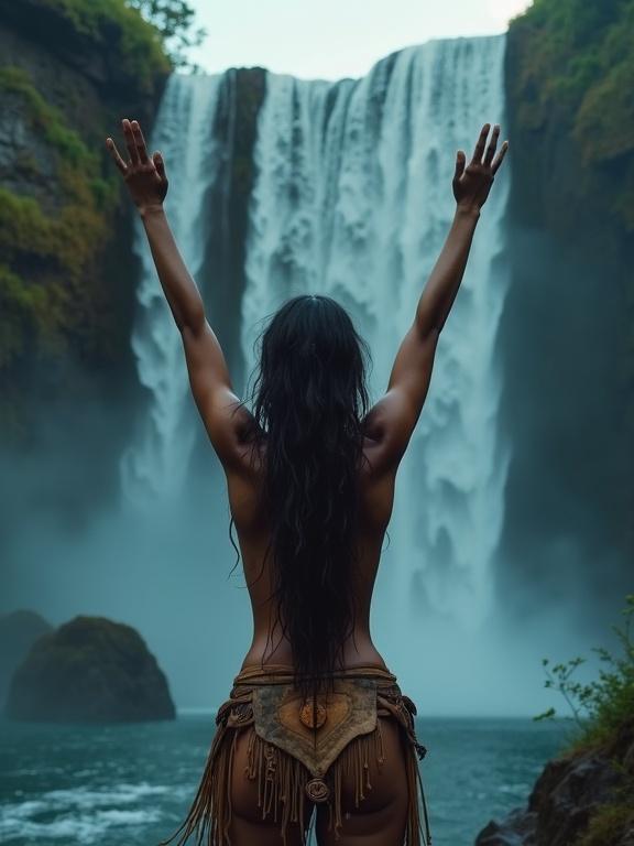 Young warrior woman standing at the edge of a massive waterfall. Chieftess raises arms to the heavens. Sweat-slicked body glows in the twilight. Leather loincloth shifts in the breeze. Long hair flows down her back. Eyes locked onto unseen spirits.