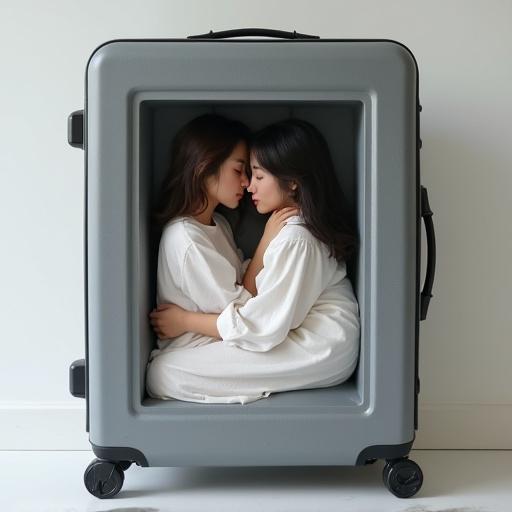 Photograph showing a side view of a gray suitcase with two Japanese women inside. The women are embracing and hugging each other deeply. The suitcase appears closed and includes a custom foam insert.