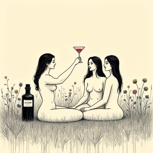 Minimalist line art illustration of three natural Venus goddesses in a field of wildflowers. They are topless and seated, offering a toast with a cocktail glass. An apothecary bottle labeled 'ALFRUNO' glows softly beside them. Bold black outlines on a beige background highlight simplicity and elegance.