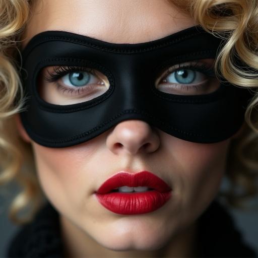 A close-up panel featuring the face of a beautiful young woman with long blonde hair covered partially by a black mask. Striking blue eyes and bold red lipstick exude beauty and a hint of intrigue.