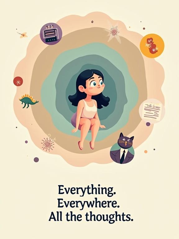 A surreal vector-style illustration shows a floating female figure in a soft curled position. She has wide eyes and visible sparkles. Circular background graphics in pastel rainbow tones create depth. Floating icons like a retro toaster, dinosaur, and a formal cat add dynamic movement. Character's hair and limbs suggest overstimulation. Typography at the bottom reads 'Everything. Everywhere. All the thoughts.'