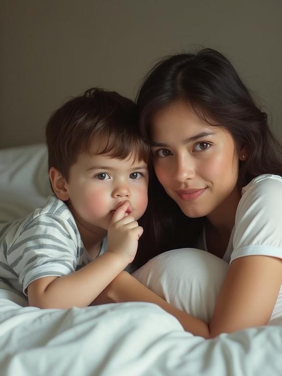 Woman and child close together on a bed. Image appears pixelated. Low resolution typical of older photos. Bright colors create a warm feeling. Focus on emotions of love and tenderness.
