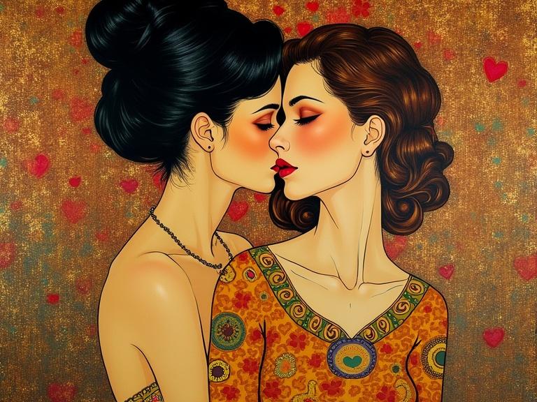 This artwork features two women embracing each other. They wear colorful attire. The background has a luxurious gold texture with red hearts. The style is influenced by Gustav Klimt. The painting emphasizes intimacy and friendship among women.