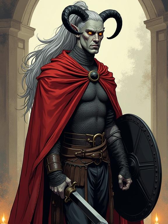Comic-book-style digital illustration of a tall male tiefling with ash-gray skin and amber eyes. Long silver hair tied back; sleek black curved horns. Two thin scars cross sharp cheekbones. Wears chainmail shirt, red cloak, black longsword, platte pants, leather boots, shield. Illustrative style with bold ink outlines and soft cel shading. Warm candle-like light adds depth and atmosphere.