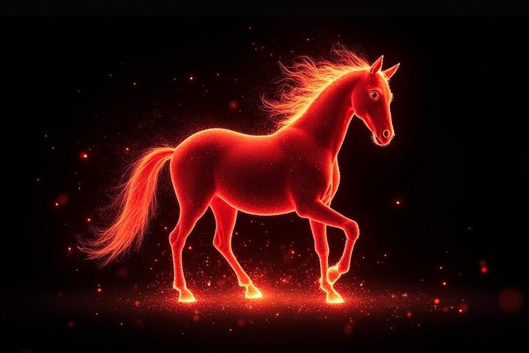 An abstract representation of a red horse surrounded by fiery sparks on a black background