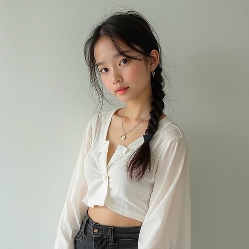 Image of an Asian woman with a beautiful appearance. She has a relaxed and youthful expression. She wears a cropped white button-up shirt and high-waisted black jeans. Hair is styled in a long braid. Shot in full body from the front with soft natural lighting.