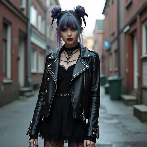 Image of a young Eastern European goth punk woman in a leather biker jacket and lace dress standing in an alleyway. She has colorful hair in two loose buns, light hazel eyes, dark eyeliner, and punk rings on her manicured hands.