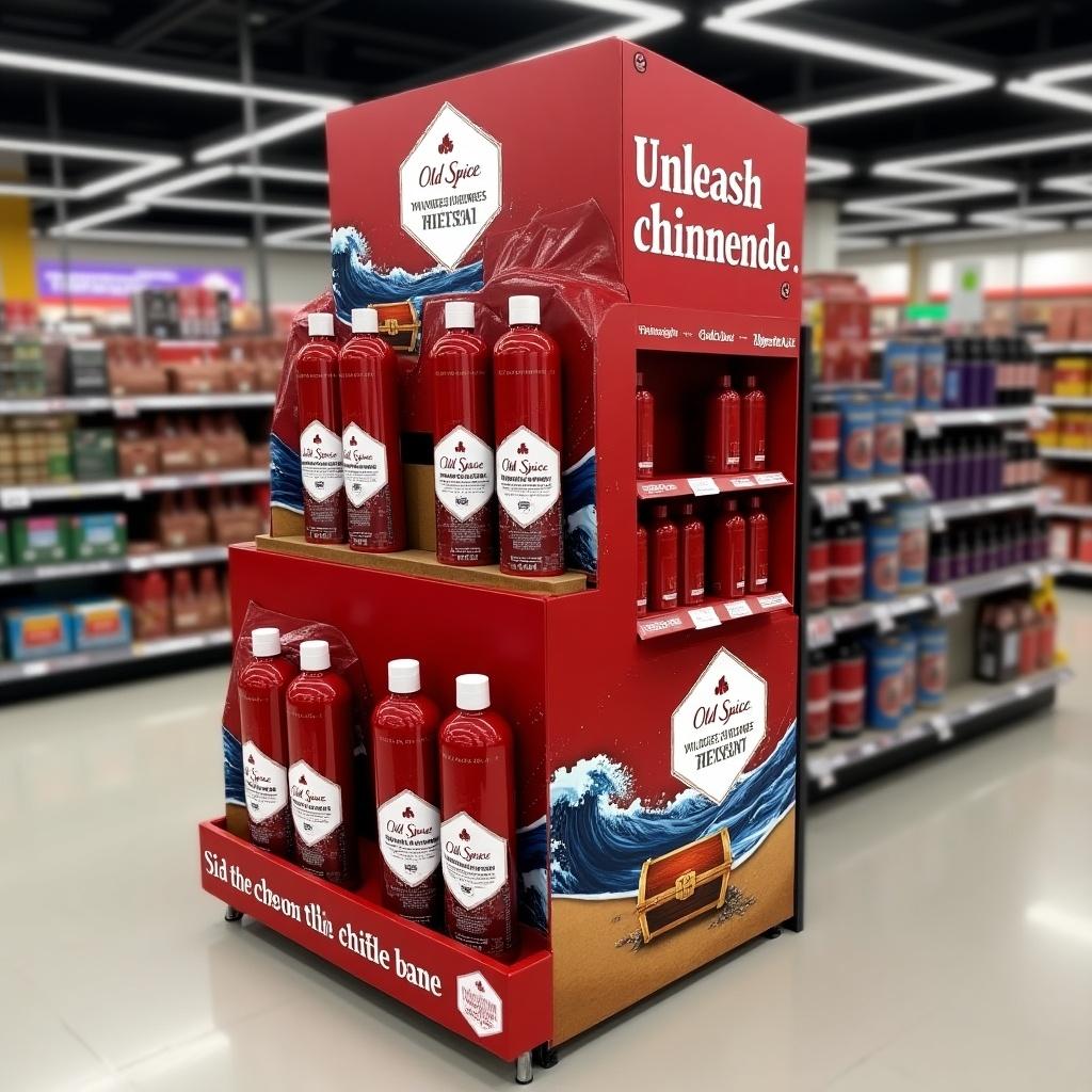 This is an in-store display for Old Spice's new hair sea salt sprays. The design features a vibrant color scheme with a dark red background for the darkening spray and a lighter red for the lightening spray. Waves and sand elements surround the product, creating a beach vibe, while a treasure chest adds to the theme of discovery. The display prominently includes a QR code, inviting customers to participate in a spin-the-wheel game for a chance to win products. The slogan, 'Unleash the Treasure Within – Old Spice,' is clearly visible. The design distinctively separates the two spray bottles, ensuring clarity for shoppers.